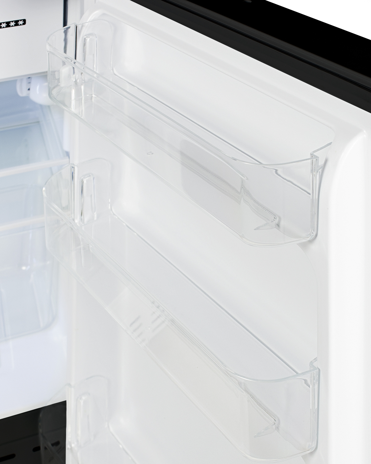 Built-in undercounter ADA compliant refrigerator-freezer in black for residential use, manual defrost with glass shelves, front lock, and door storage